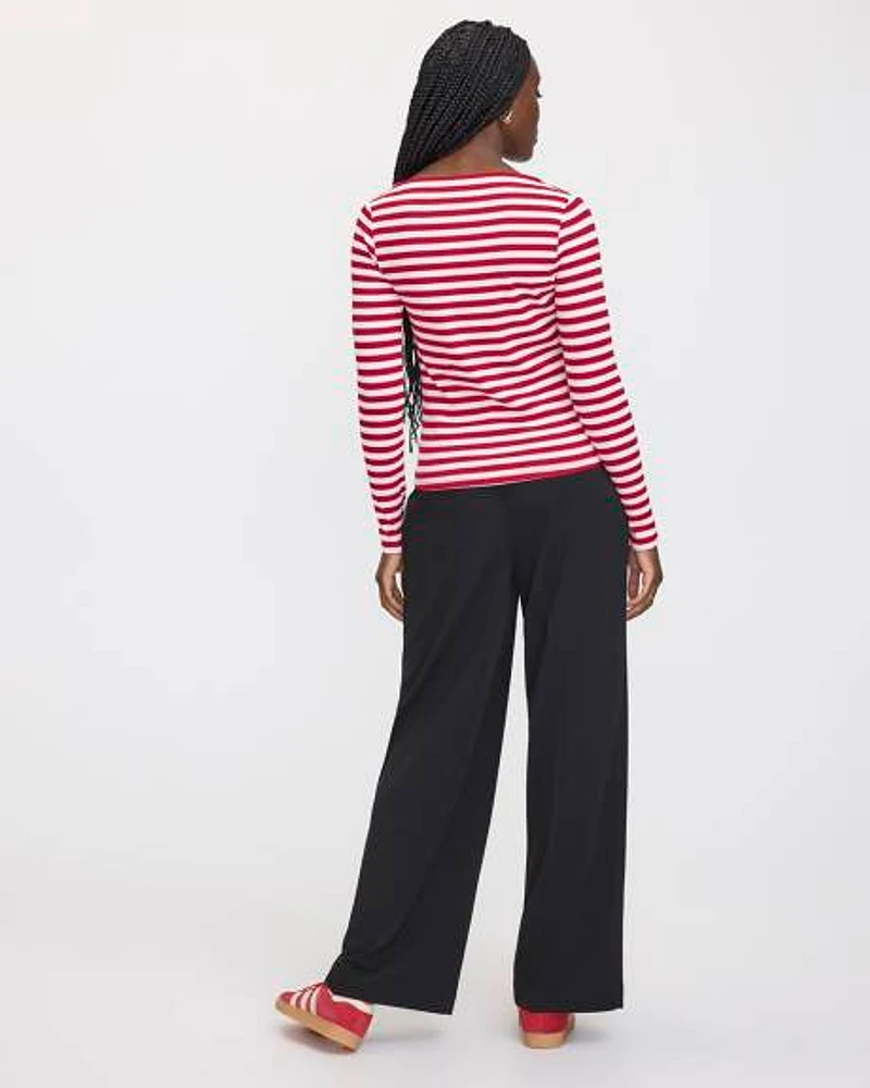 Striped Long-Sleeve Boat-Neck Ribbed Top