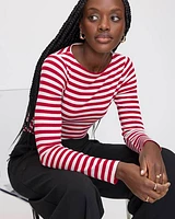 Striped Long-Sleeve Boat-Neck Ribbed Top