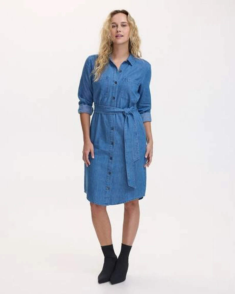 Buttoned-Down Denim Dress with Self-Tie Sash