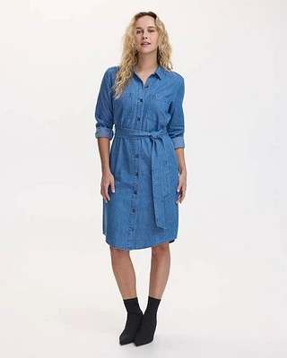 Buttoned-Down Denim Dress with Self-Tie Sash