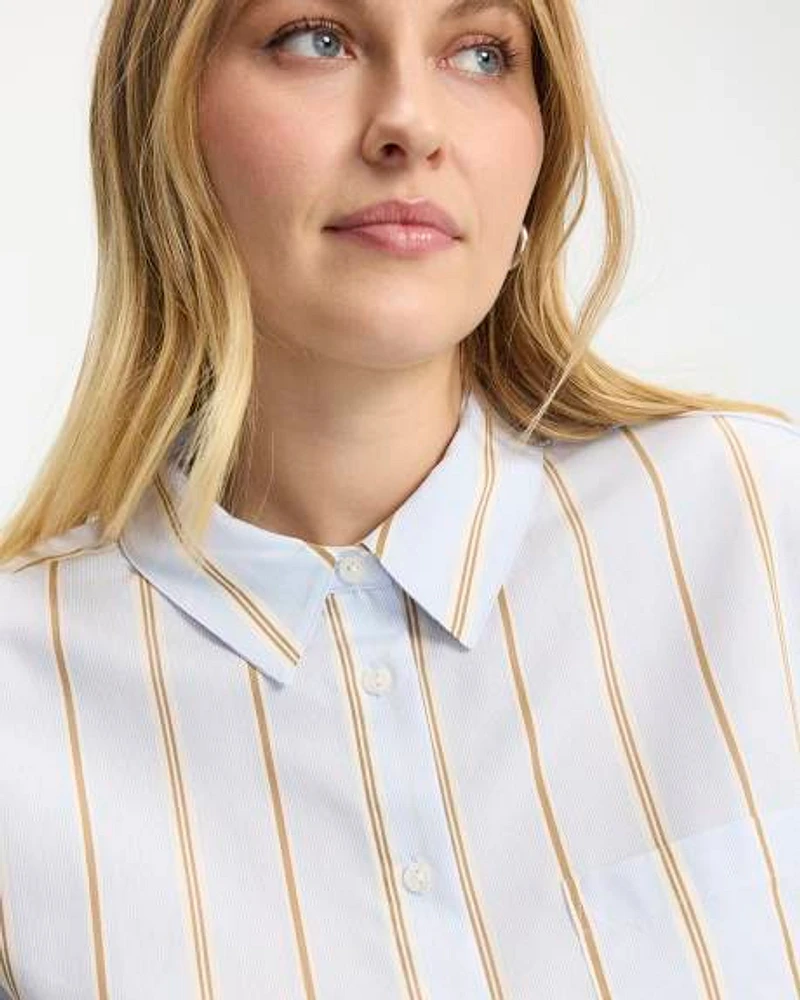 Striped Long-Sleeve Buttoned-Down Blouse with Chest Pocket