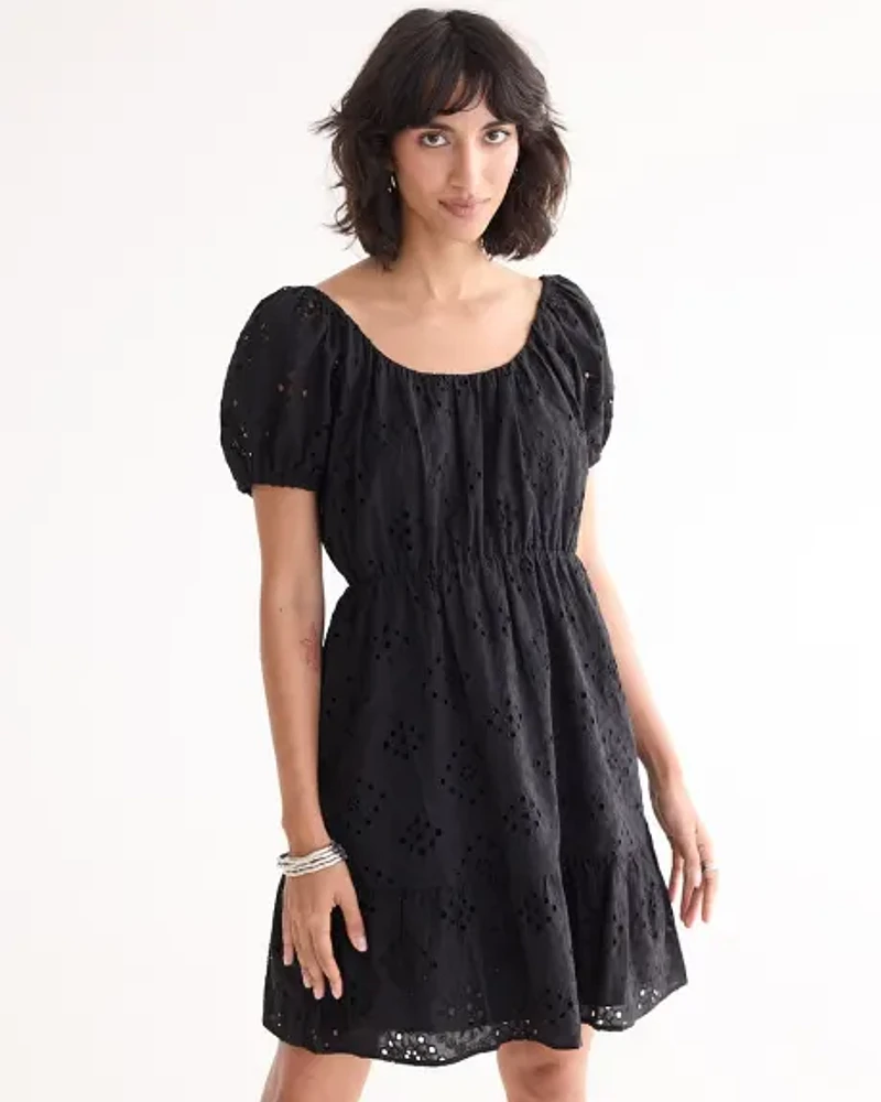 Short-Puffy-Sleeve Eyelet Dress with Scoop Neckline