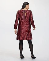 Long-Sleeve Sequin Shift Dress with Bow at Back