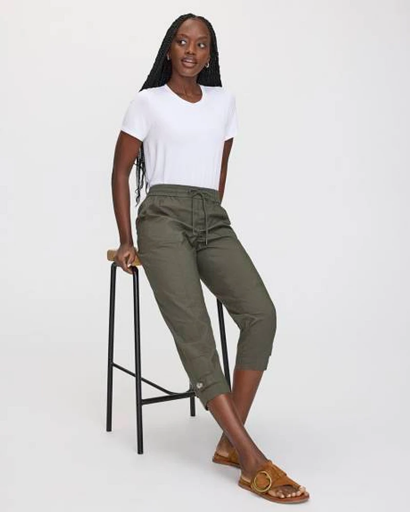 Pantalon capri à taille haute et jambe droite en popeline