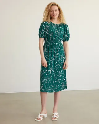 Short-Sleeve Midi Dress with Open Neckline to Tie at Back