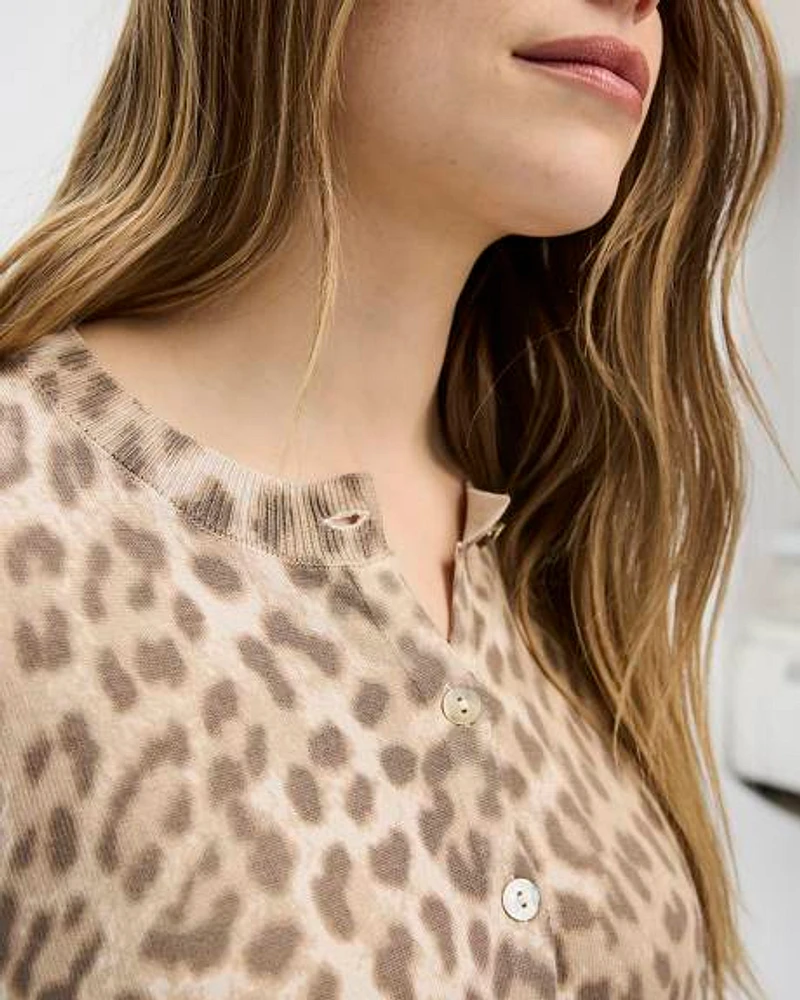 Long-Sleeve Crew-Neck Leopard-Print Cardigan