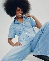 Short-Sleeve Buttoned-Down Denim Blouse