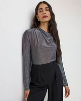 Long-Sleeve Draped-Neck Shimmery Top