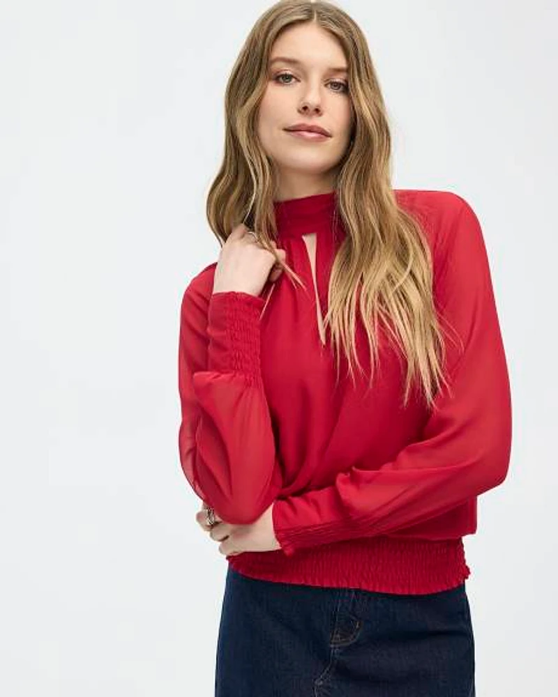 Long-Sleeve Mock-Neck Loose Blouse