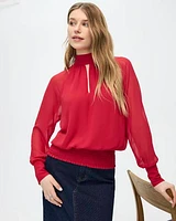 Long-Sleeve Mock-Neck Loose Blouse