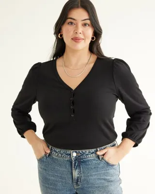 Long-Sleeve V-Neck Top with Buttoned Placket