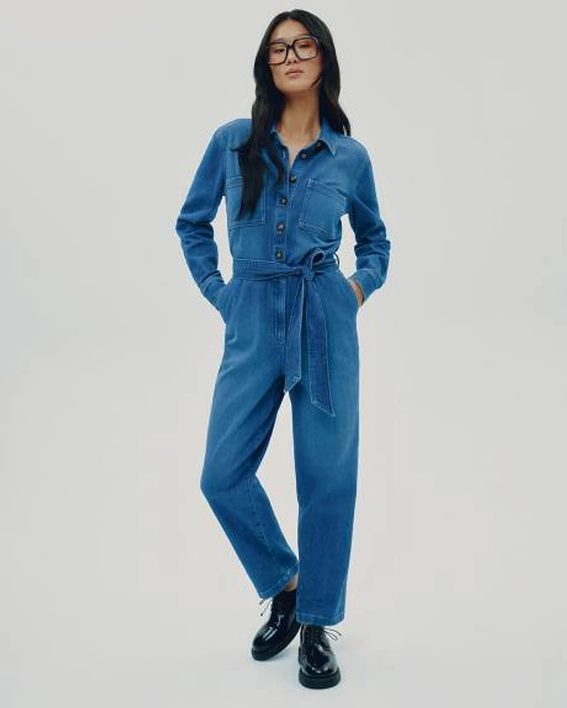 Straight-Leg Long-Sleeve Denim Jumpsuit