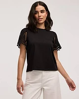 Crew-Neck Mix-Media T-Shirt with Short Puffy Sleeves