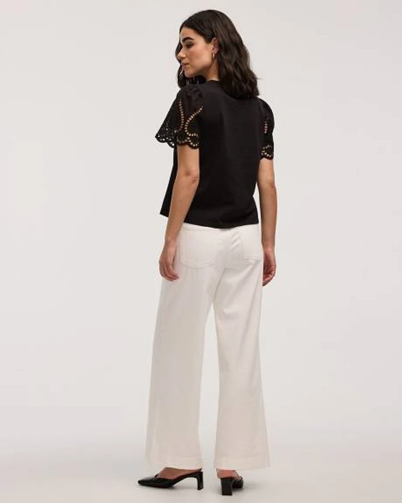 Crew-Neck Mix-Media T-Shirt with Short Puffy Sleeves