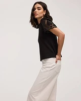 Crew-Neck Mix-Media T-Shirt with Short Puffy Sleeves