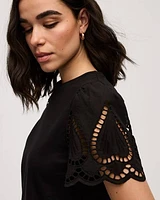 Crew-Neck Mix-Media T-Shirt with Short Puffy Sleeves