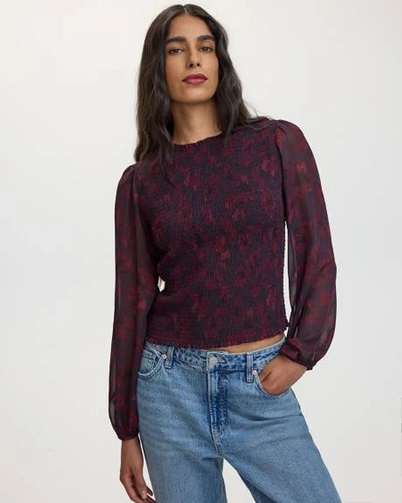 Long-Sleeve Crew-Neck Fitted Blouse with Smocks