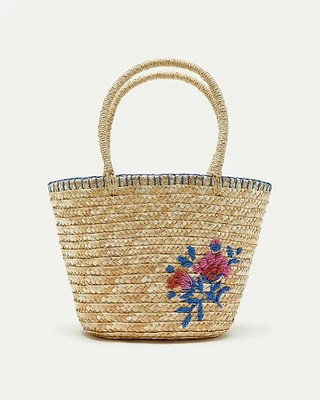 Embroidered Straw Basket Bag