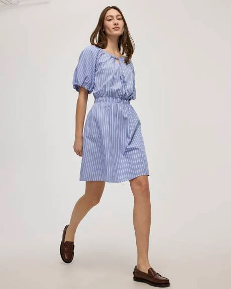 Short-Sleeve Fit-and-Flare Dress with Self-Tie Details at Neckline