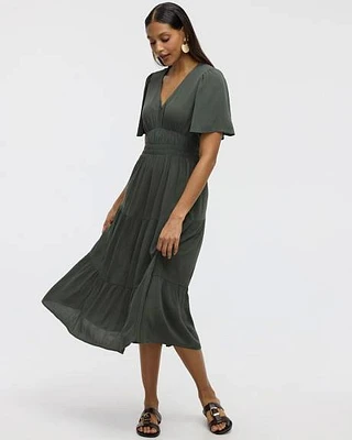 Short-Flutter-Sleeve V-Neck Tiered Midi Dress