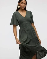 Short-Flutter-Sleeve V-Neck Tiered Midi Dress