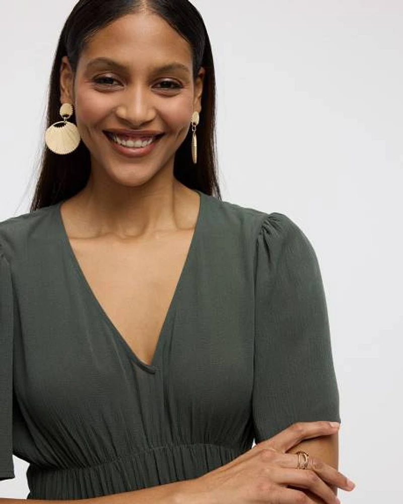 Short-Flutter-Sleeve V-Neck Tiered Midi Dress