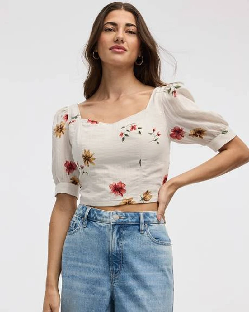 Short-Puffy-Sleeve Bustier Top with Sweetheart Neckline