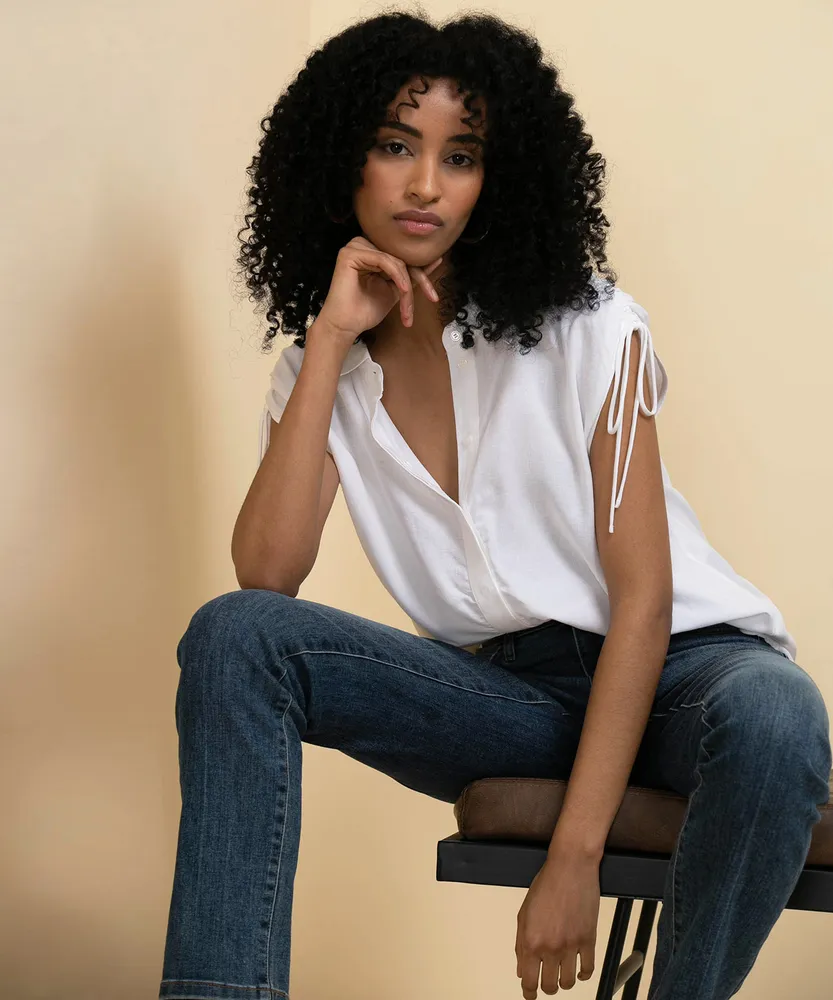 Sleeveless Collared Blouse With Shoulder Ties | Rickis