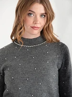 Mock Neck Pearl Pullover Sweater