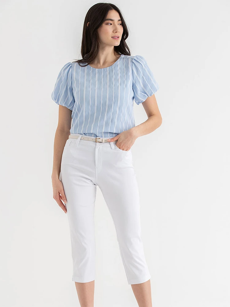 Dobby Stripe Puff Sleeve Top