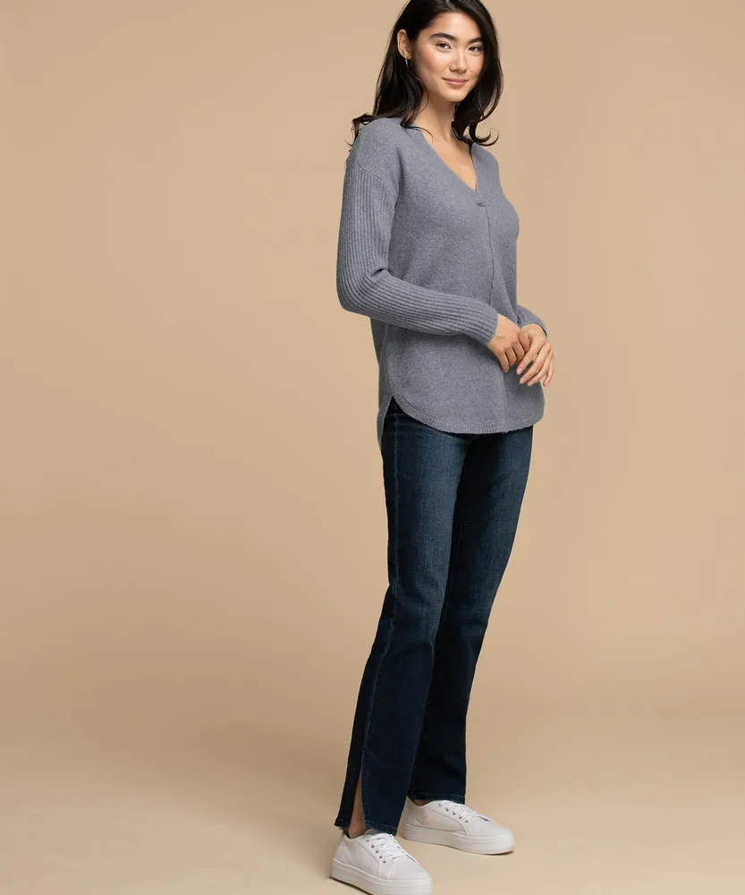 V-Neck Curved Hem Sweater