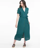 Notch Collar Button Front Midi Dress