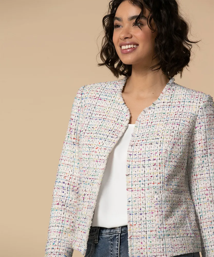 Rainbow Boucle Jacket with Fringed Collar