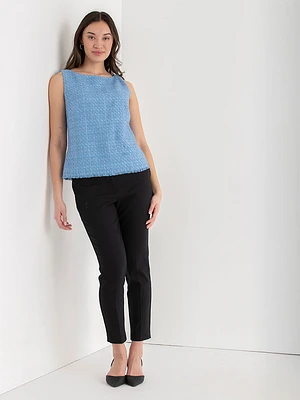 Sleeveless Boucle Top with Fringe Hem