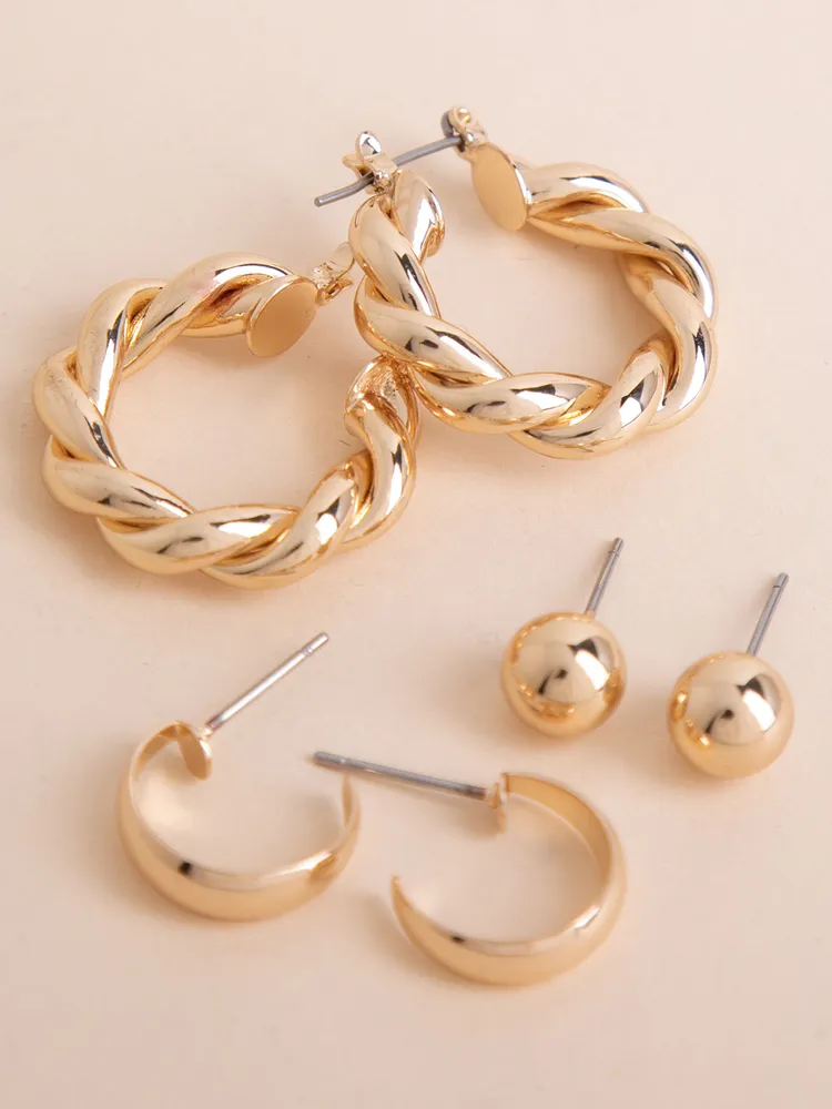 Gold Trio Pack Studs, Huggies, & Twisted Hoop Earrings