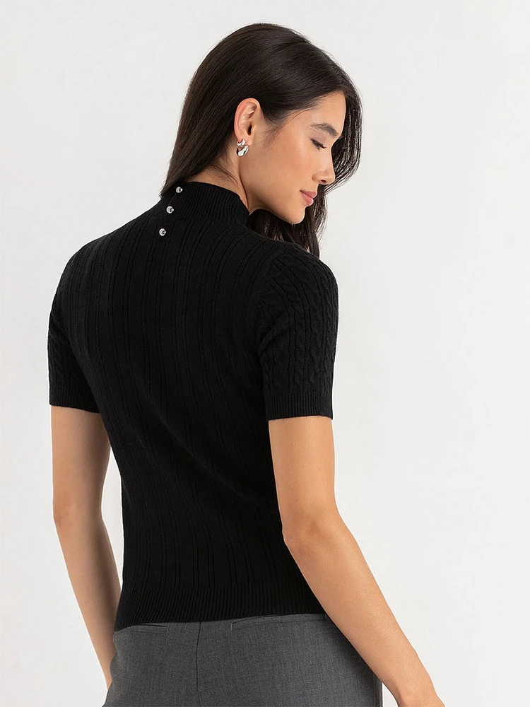 Mock Neck Elbow Sleeve Cable Sweater