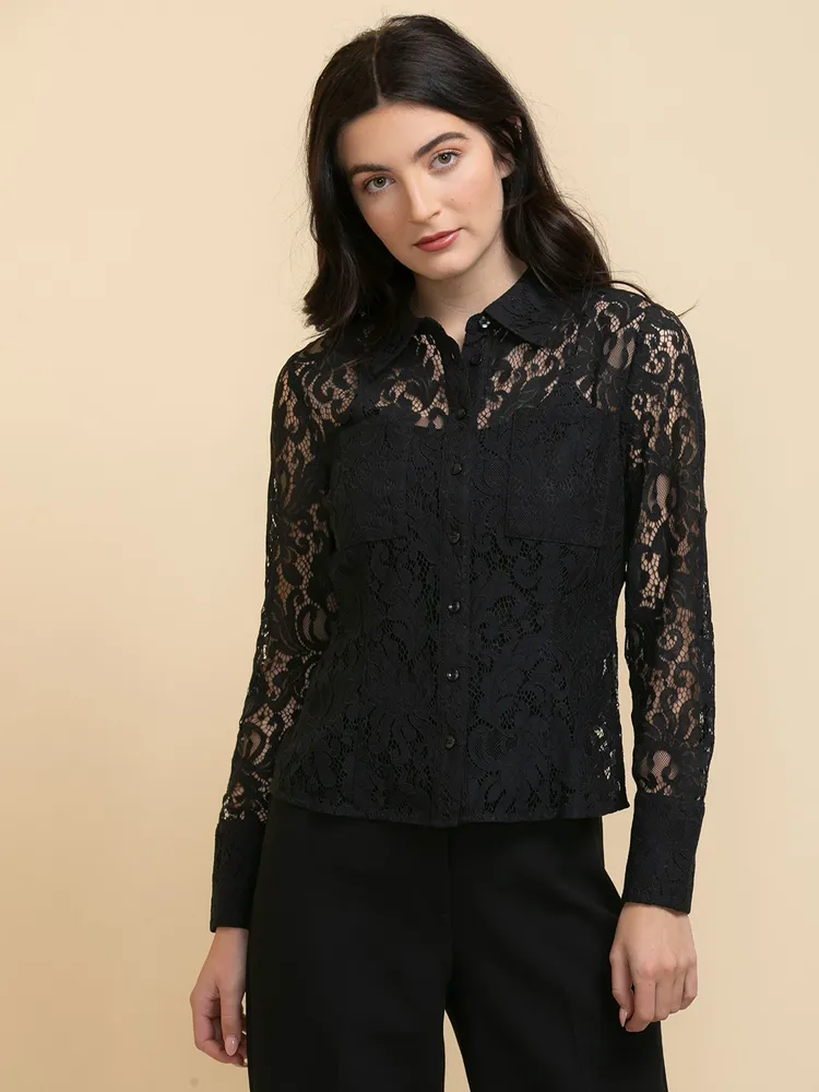 Long Sleeve Collared Button-Front Lace Shirt