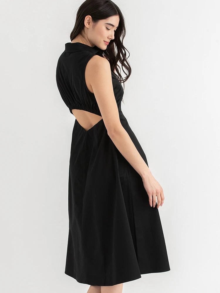 Sleeveless Midi Shirtdress with Back Cutout Luxe Poplin