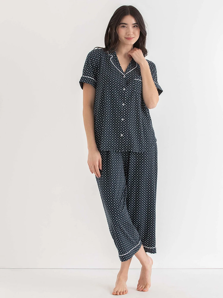 Short Sleeve Button Down Shirt with Crop Pant Sleep Set