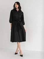 Puff Sleeve Belted Midi Shirtdress Luxe Poplin