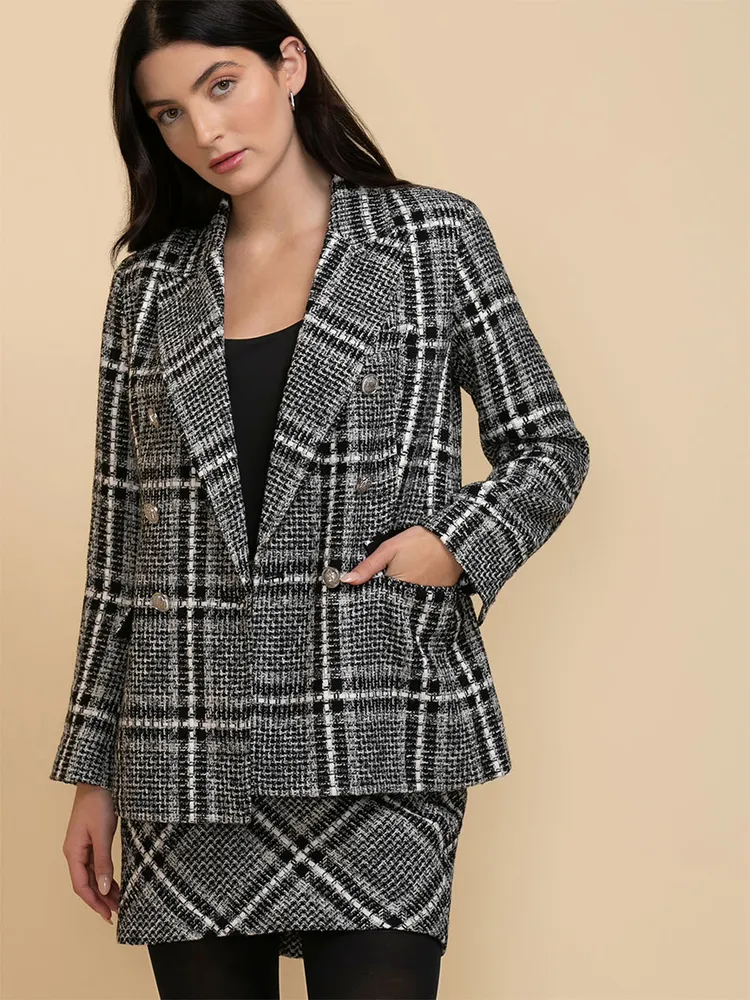 Double Breasted Trophy Blazer Plaid Boucle