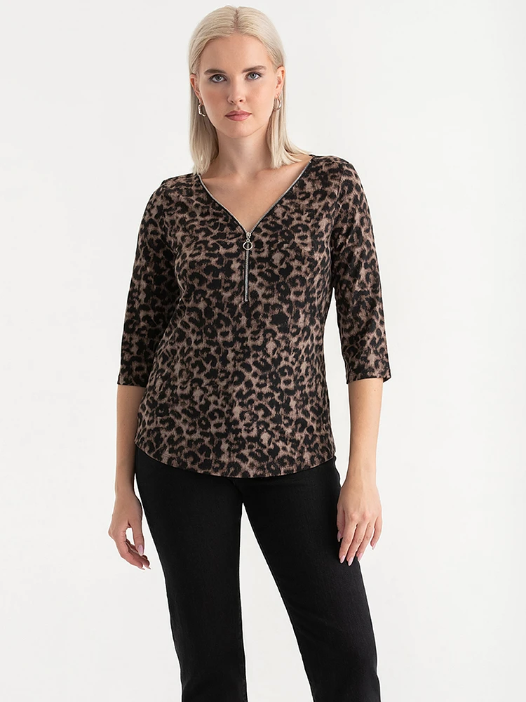 V-Neck Zipper 3/4 Sleeve Top