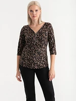 V-Neck Zipper 3/4 Sleeve Top