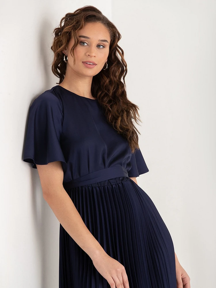 Short Sleeve Pleated Dress with Flutter Sleeves