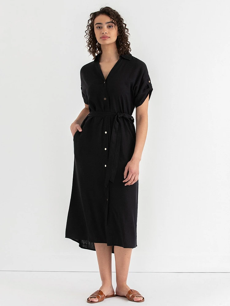 Linen Shirtdress with Roll Sleeves