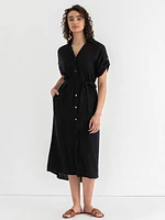 Linen Shirtdress with Roll Sleeves