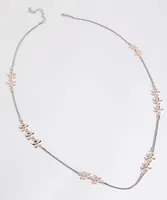 Long Silver Snake Chain Necklace /w Rose Gold Flower Accents