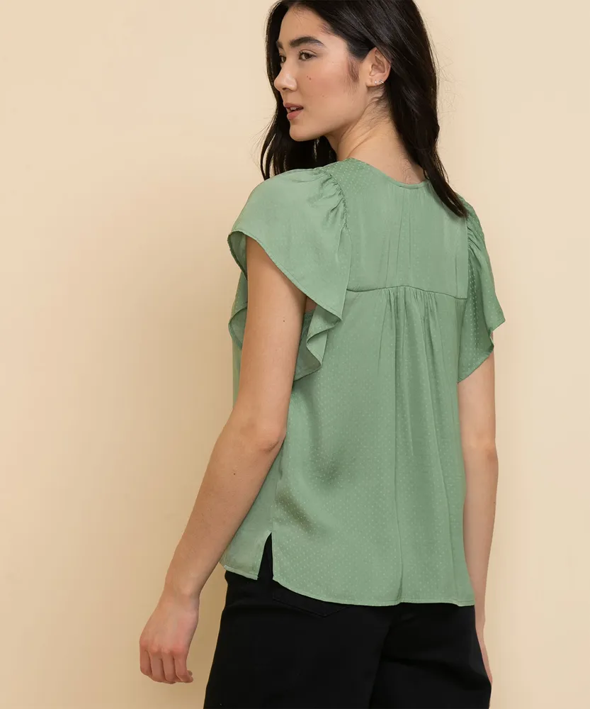 Flutter Sleeve Notch-Neck Blouse