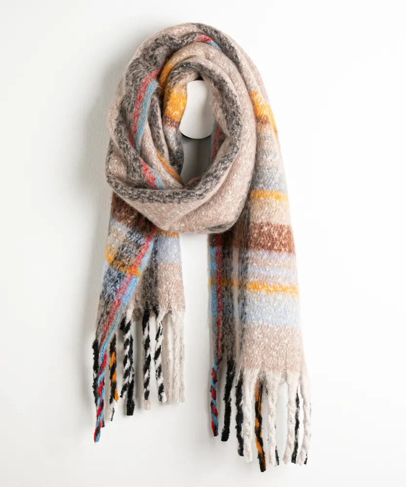 Plaid Fringe Scarf in Beige/Yellow/Blue Plaid