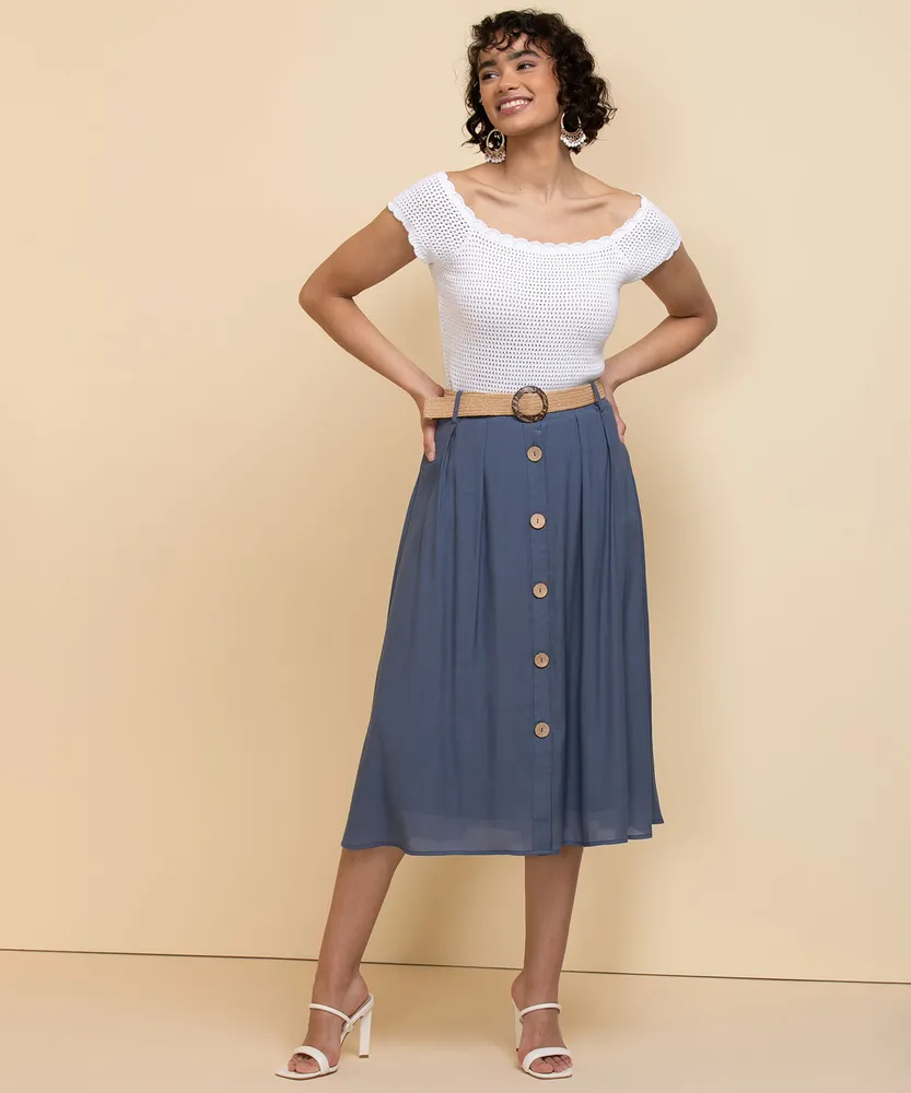 Textured Midi Skirt with Wood Buttons